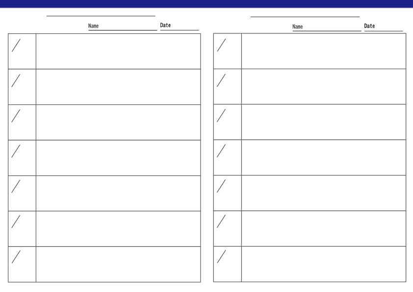 子ども用の週間予定表。
A4横向きで縦2列のシンプルな学習用プリント
上部に青のライン。上中央にタイトル用のスペース、週間予定の枠の上右側に名前Nameと日付Dateの表記欄下線で表示
Weekly schedule worksheet for kids, A4 horizontal layout with two vertical columns.with a blue line at the top.