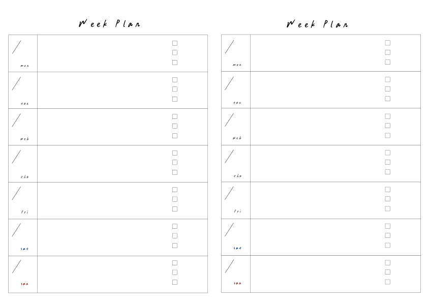 週間予定表
背景白　文字と枠は黒
字体字由点字飒爽手写体
予定表の上中央に「WeekPlan」
土曜日文字は青　日曜日文字は赤
A4サイズで縦に２週間分記入できる
各表の左側枠に月日を書く斜め線と下側に曜日を3文字の英語で記入
右側の枠は空欄と枠の後ろ1/4のところに３つの四角を縦に配置してチェックリストやTodoリストに使えるようになっている。
A4サイズ
PDF形式
フリー素材