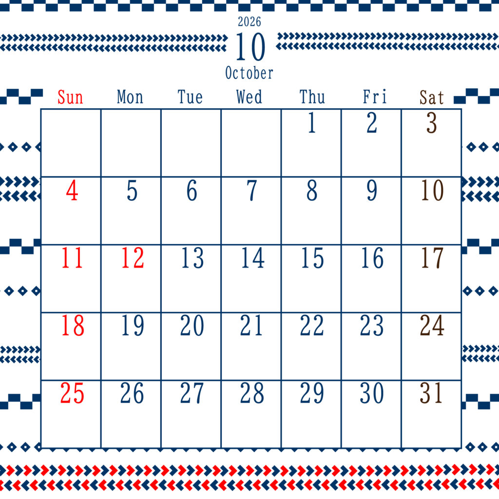 2026年10月のカレンダー
中央上部に“January 2026”と表示され、日曜は赤、土曜は茶色、平日は青
上下に編み物の青と赤の装飾が施された、北欧風デザイン
サイズ2000×2000PX
JPEG
