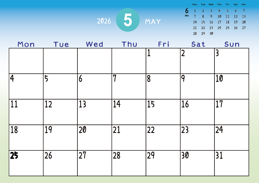 2026年5月　
月曜始まりカレンダー
青から緑へのグラデーション背景に、右上に翌月のミニカレンダーを配置したデザイン
主なUSHolidayが太字