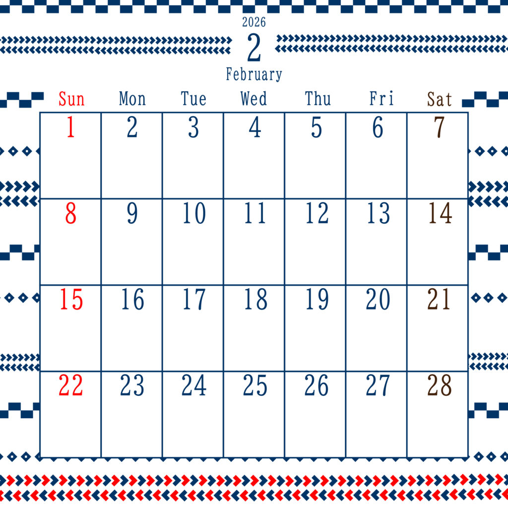 2026年2月のカレンダー
中央上部に“January 2026”と表示され、日曜は赤、土曜は茶色、平日は青
上下に編み物の青と赤の装飾が施された、北欧風デザイン
サイズ2000×2000PX
JPEG