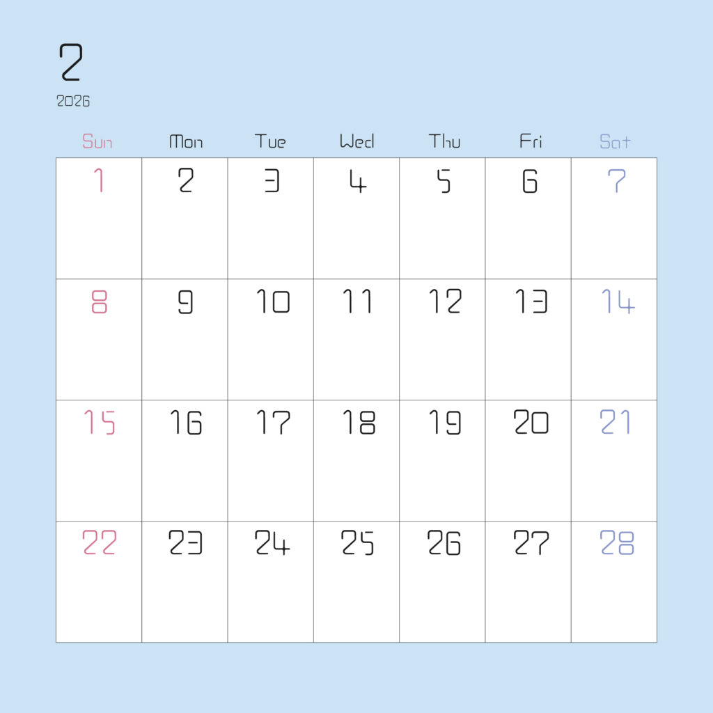 2026年２月の月間カレンダー
上部左寄せで2026と１の数字
日曜始まりで、日曜はピンク、土曜は水色で表されている
枠が薄い水色
サイズ2000×2000PX
JPEG