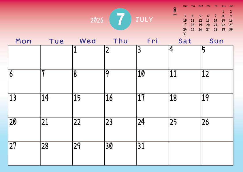 2026年7月
月曜始まりカレンダー
赤から青へのグラデーション背景に、右上に翌月のミニカレンダーを配置したデザイン
A Monday-start July 2026 calendar with a blue-to-green gradient background and a small preview of the August 2026 calendar in the upper right corner.