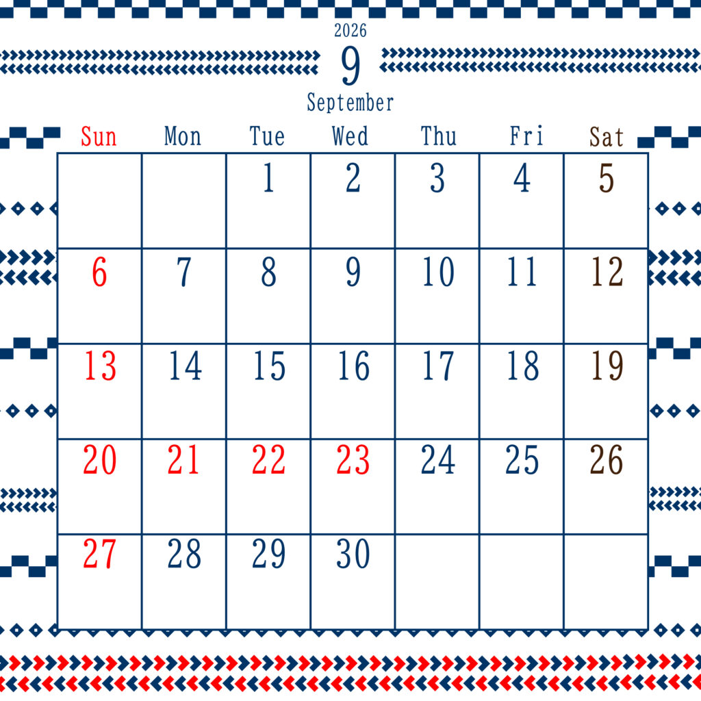 2026年9月のカレンダー
中央上部に“January 2026”と表示され、日曜は赤、土曜は茶色、平日は青
上下に編み物の青と赤の装飾が施された、北欧風デザイン
サイズ2000×2000PX
JPEG