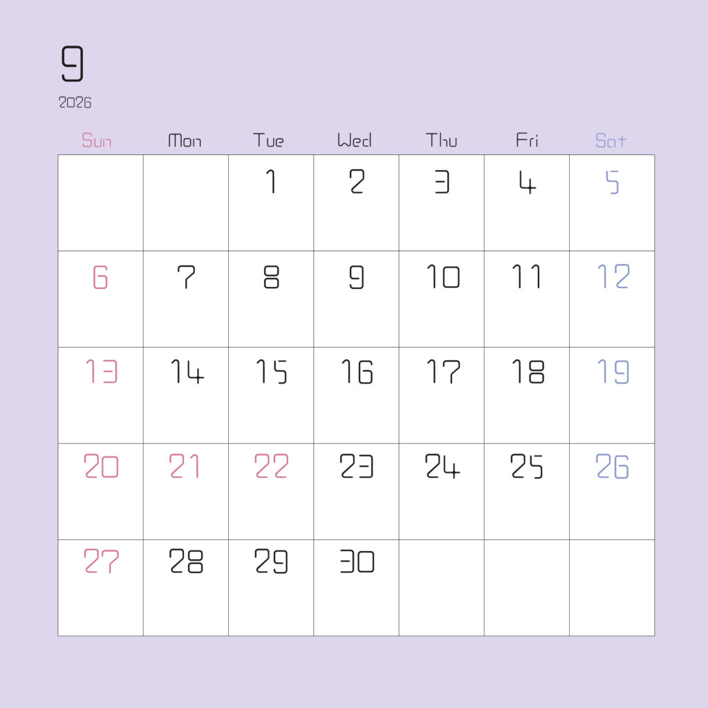 2026年９月の月間カレンダー
上部左寄せで2026と１の数字
日曜始まりで、日曜はピンク、土曜は水色で表されている
枠が薄い紫色
サイズ2000×2000PX
JPEG