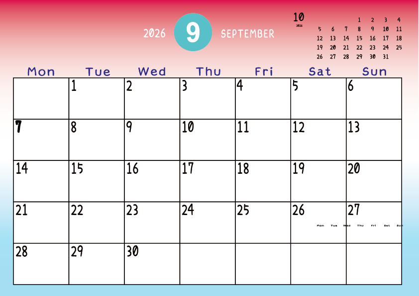 2026年9月　
月曜始まりカレンダー
赤から青へのグラデーション背景に、右上に翌月のミニカレンダーを配置したデザイン
主なUSHolidayが太字
A Monday-start September 2026 calendar with a red-to-blue gradient background and a small preview of the July 2026 calendar in the upper right corner, with major US holidays shown in bold.