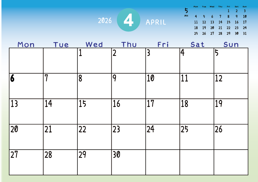 2026年4月　
月曜始まりカレンダー
青から緑へのグラデーション背景に、右上に翌月のミニカレンダーを配置したデザイン
主なEUHolidayが太字
A Monday-start April 2026 calendar with a blue-to-green gradient background and a small preview of the May 2026 calendar in the upper right corner, with major EU holidays shown in bold.
