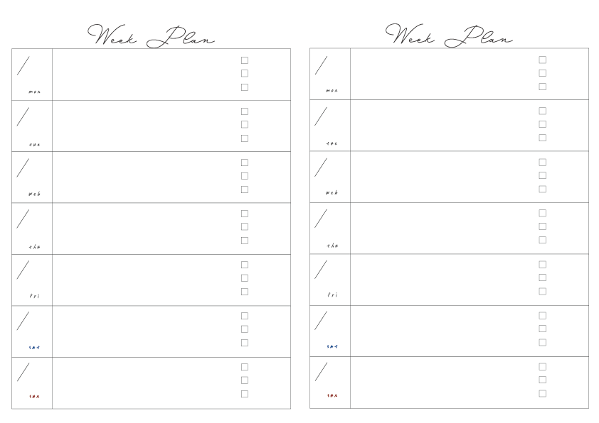 週間予定表
背景白　文字と枠は黒
字体Mina
予定表の上中央に「WeekPlan」
土曜日文字は青　日曜日文字は赤
A4サイズで縦に２週間分記入できる
各表の左側枠に月日を書く斜め線と下側に曜日を3文字の英語で記入
右側の枠は空欄と枠の後ろ1/4のところに３つの四角を縦に配置してチェックリストやTodoリストに使えるようになっている。
A4サイズ
PDF形式
フリー素材