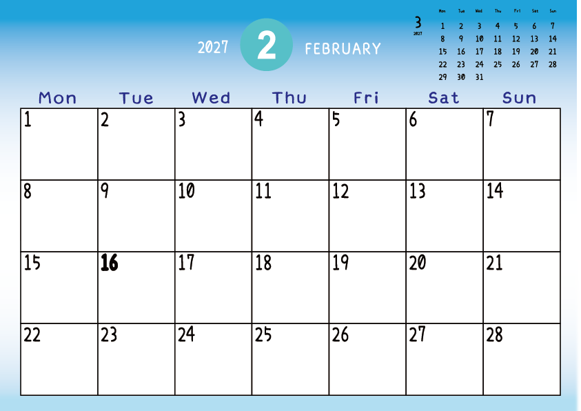 2027年2月　
月曜始まりカレンダー
青のグラデーション背景に、右上に翌月のミニカレンダーを配置したデザイン
主なUSHolidayが太字
A Monday-start February 2027 calendar with a blue gradient background and a small preview of the March 2027 calendar in the upper right corner, with major US holidays shown in bold.