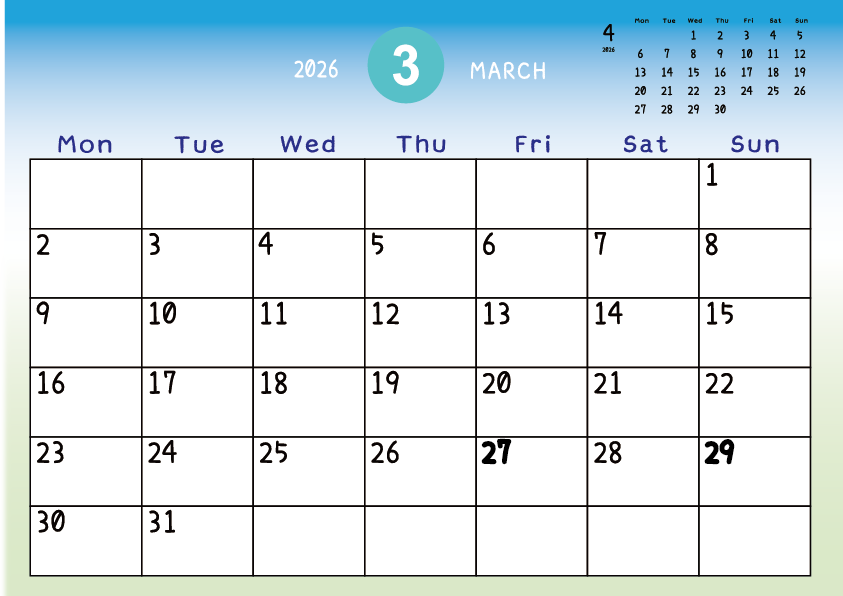 2026年3月　
月曜始まりカレンダー
青から緑へのグラデーション背景に、右上に翌月のミニカレンダーを配置したデザイン
主なEUHolidayが太字
A Monday-start March 2026 calendar with a blue-to-green gradient background and a small preview of the April 2026 calendar in the upper right corner, with major EU holidays shown in bold.