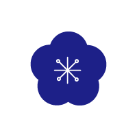 日本の伝統的な梅の柄　青
中心に放射状の模様が入った、5枚の丸い花びらを持つのイラスト