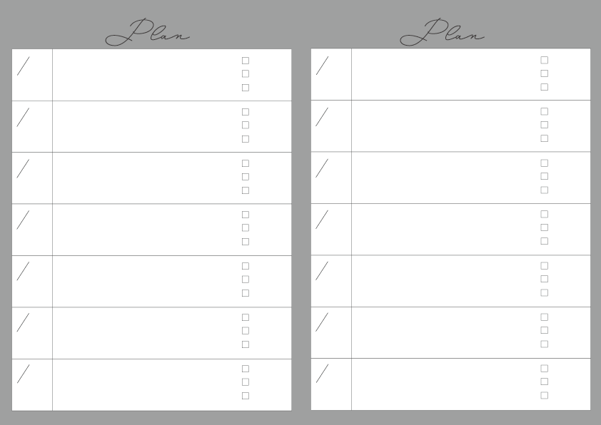 週間予定表
背景グレー　文字と枠は黒
字体Mina
予定表の上中央に「Plan」
A4サイズで縦に２週間分記入できる
各表の左側枠に月日を書く斜め線
右側の枠は空欄と枠の後ろ1/4のところに３つの四角を縦に配置してチェックリストやTodoリストに使えるようになっている。
曜日が記入されていないため、予定のある日のみ書き込むことができる。
A4サイズ
PDF形式
フリー素材