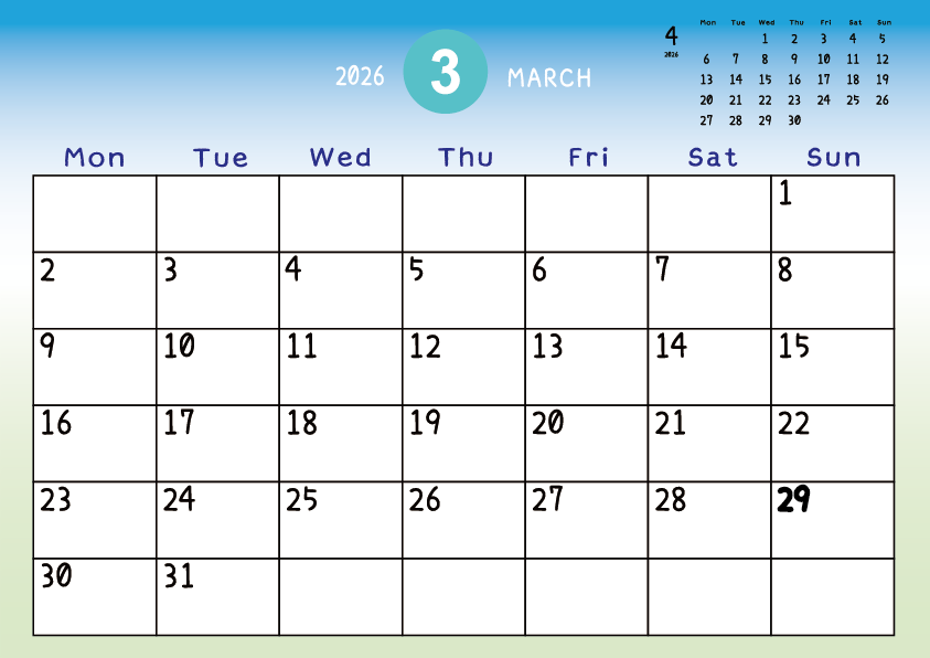 2026年3月　
月曜始まりカレンダー
青から緑へのグラデーション背景に、右上に翌月のミニカレンダーを配置したデザイン
主なUSHolidayが太字
A Monday-start March 2026 calendar with a blue-to-green gradient background and a small preview of the April 2026 calendar in the upper right corner, with major US holidays shown in bold.