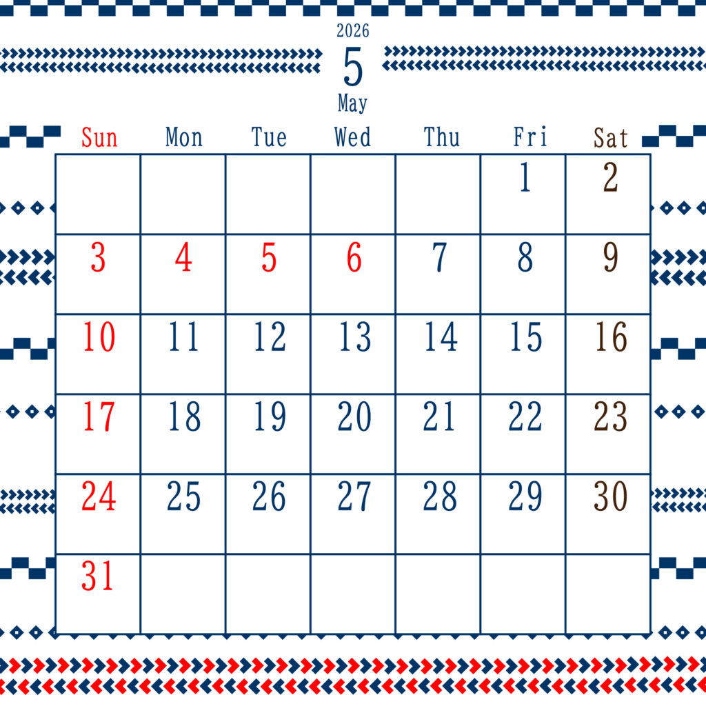 2026年5月のカレンダー
中央上部に“January 2026”と表示され、日曜は赤、土曜は茶色、平日は青
上下に編み物の青と赤の装飾が施された、北欧風デザイン
サイズ2000×2000PX
JPEG