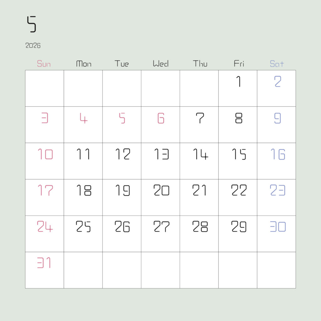 2026年５月の月間カレンダー
上部左寄せで2026と１の数字
日曜始まりで、日曜はピンク、土曜は水色で表されている
枠がモスグリーン
サイズ2000×2000PX
JPEG