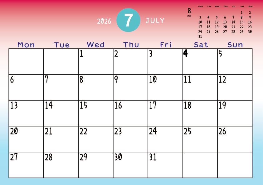 2026年7月　
月曜始まりカレンダー
赤から青へのグラデーション背景に、右上に翌月のミニカレンダーを配置したデザイン
主なUSHolidayが太字
A Monday-start July 2026 calendar with a red-to-blue gradient background and a small preview of the July 2026 calendar in the upper right corner, with major US holidays shown in bold.