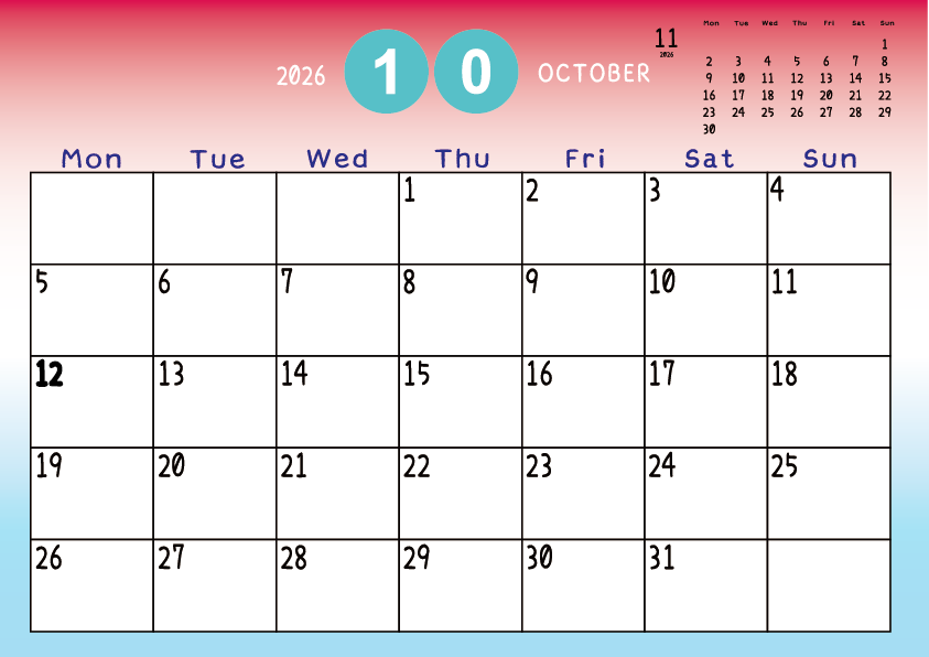 2026年10月　
月曜始まりカレンダー
赤から青へのグラデーション背景に、右上に翌月のミニカレンダーを配置したデザイン
主なUSHolidayが太字
A Monday-start October 2026 calendar with a red-to-blue gradient background and a small preview of the July 2026 calendar in the upper right corner, with major US holidays shown in bold.