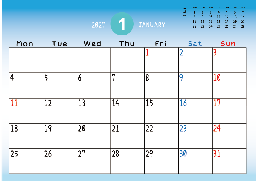 2027年1月　
月曜始まりカレンダー
青のグラデーション背景に、右上に翌月のミニカレンダーを配置したデザイン
平日が黒、土曜日が青、日曜祝日が赤字
A Monday-start January 2027 calendar with a blue gradient background and a small preview of the February 2027 calendar in the upper right corner, with weekdays in black, Saturdays in blue, and Sundays and holidays in red.
