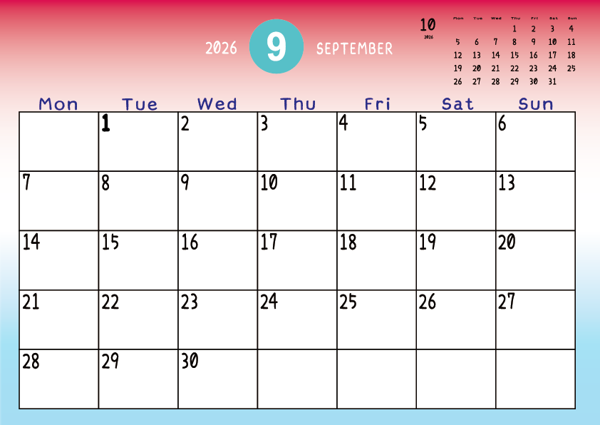 2026年9月　
月曜始まりカレンダー
赤から青へのグラデーション背景に、右上に翌月のミニカレンダーを配置したデザイン
主なEUHolidayが太字
A Monday-start September 2027 calendar with a red-to-blue gradient background and a small preview of the October 2027 calendar in the upper right corner, with major EU holidays shown in bold.