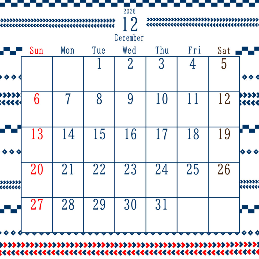 2026年12月のカレンダー
中央上部に“January 2026”と表示され、日曜は赤、土曜は茶色、平日は青
上下に編み物の青と赤の装飾が施された、北欧風デザイン
サイズ2000×2000PX
JPEG