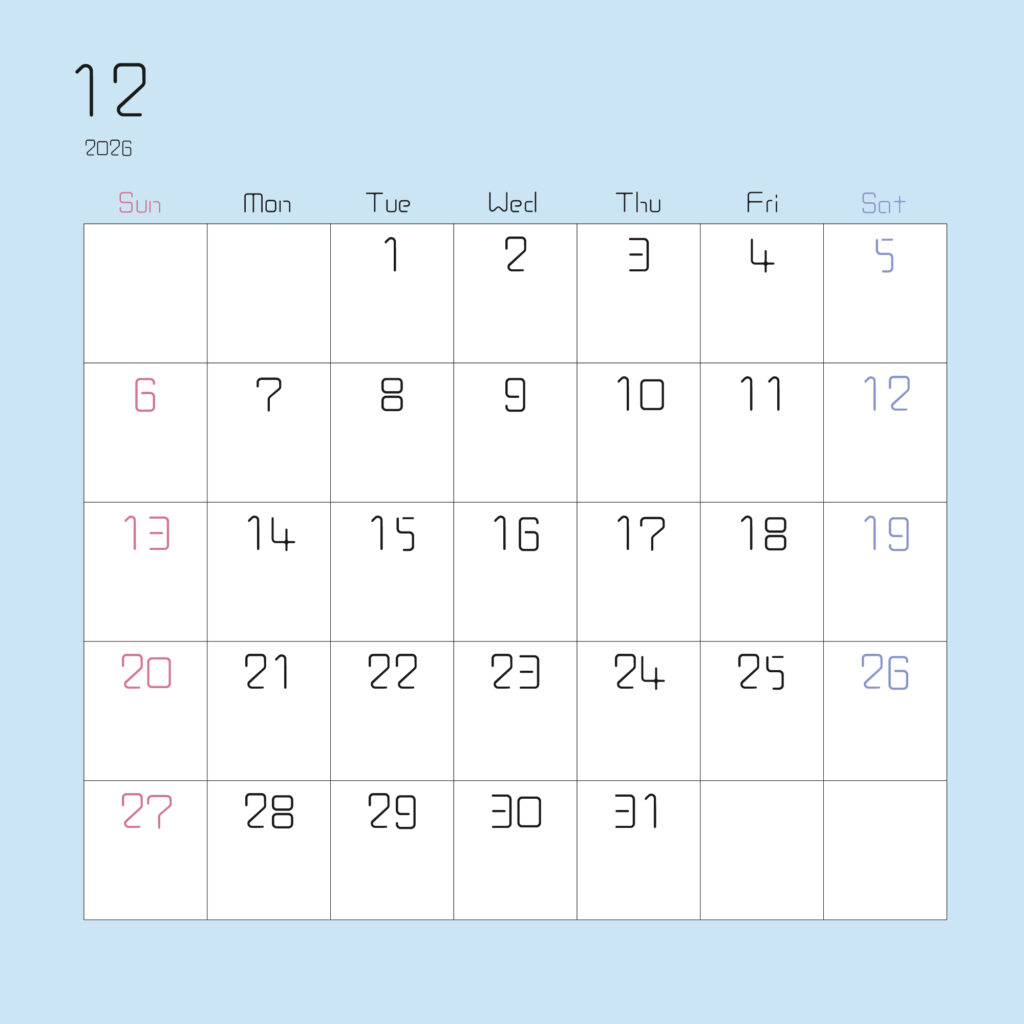 2026年１２月の月間カレンダー
上部左寄せで2026と１の数字
日曜始まりで、日曜はピンク、土曜は水色で表されている
枠が薄い水色
サイズ2000×2000PX
JPEG