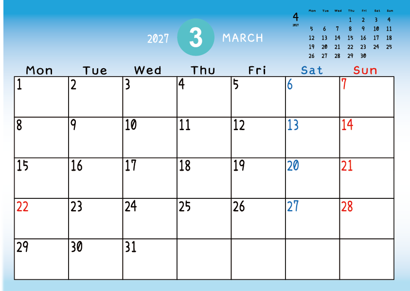 2027年3月　
月曜始まりカレンダー
青のグラデーション背景に、右上に翌月のミニカレンダーを配置したデザイン
平日が黒、土曜日が青、日曜祝日が赤字
A Monday-start March 2027 calendar with a blue gradient background and a small preview of the April 2027 calendar in the upper right corner, with weekdays in black, Saturdays in blue, and Sundays and holidays in red.