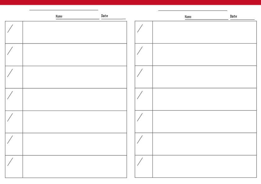 子ども用の週間予定表。
A4横向きで縦2列のシンプルな学習用プリント
上部に赤のライン。上中央にタイトル用のスペース、週間予定の枠の上右側に名前Nameと日付Dateの表記欄下線で表示
Weekly schedule worksheet for kids, A4 horizontal layout with two vertical columns.with a red line at the top.