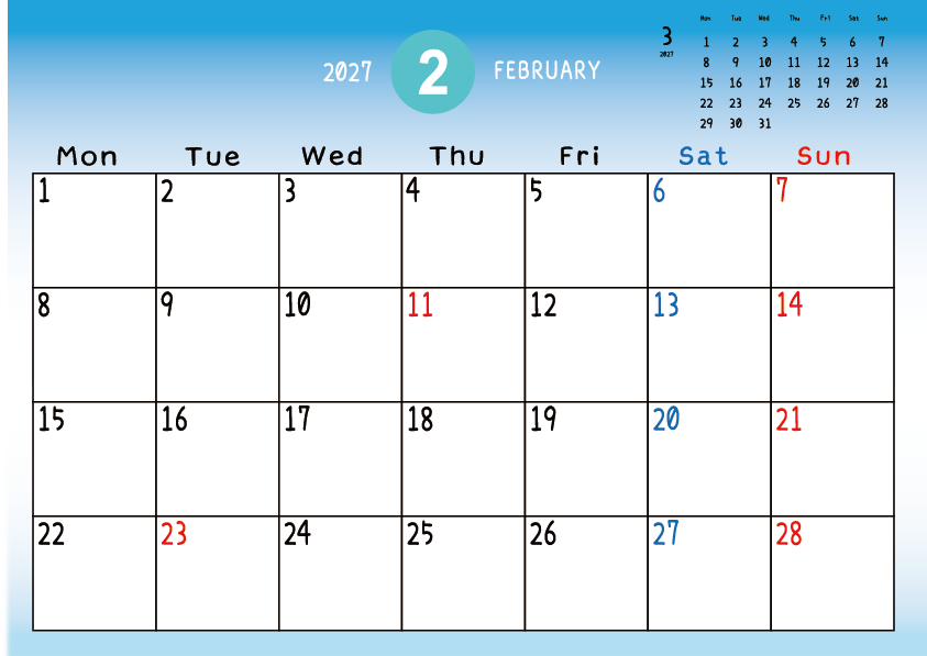 2027年2月　
月曜始まりカレンダー
青のグラデーション背景に、右上に翌月のミニカレンダーを配置したデザイン
平日が黒、土曜日が青、日曜祝日が赤字
A Monday-start February 2027 calendar with a blue gradient background and a small preview of the March 2027 calendar in the upper right corner, with weekdays in black, Saturdays in blue, and Sundays and holidays in red.
