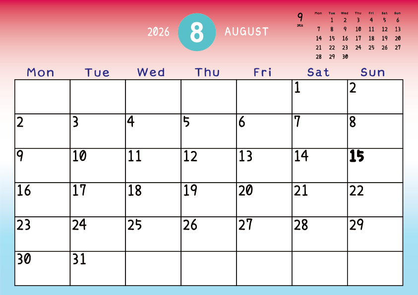 2026年8月　
月曜始まりカレンダー
赤から青へのグラデーション背景に、右上に翌月のミニカレンダーを配置したデザイン
主なEUHolidayが太字
A Monday-start August 2027 calendar with a red-to-blue gradient background and a small preview of the September 2027 calendar in the upper right corner, with major EU holidays shown in bold.