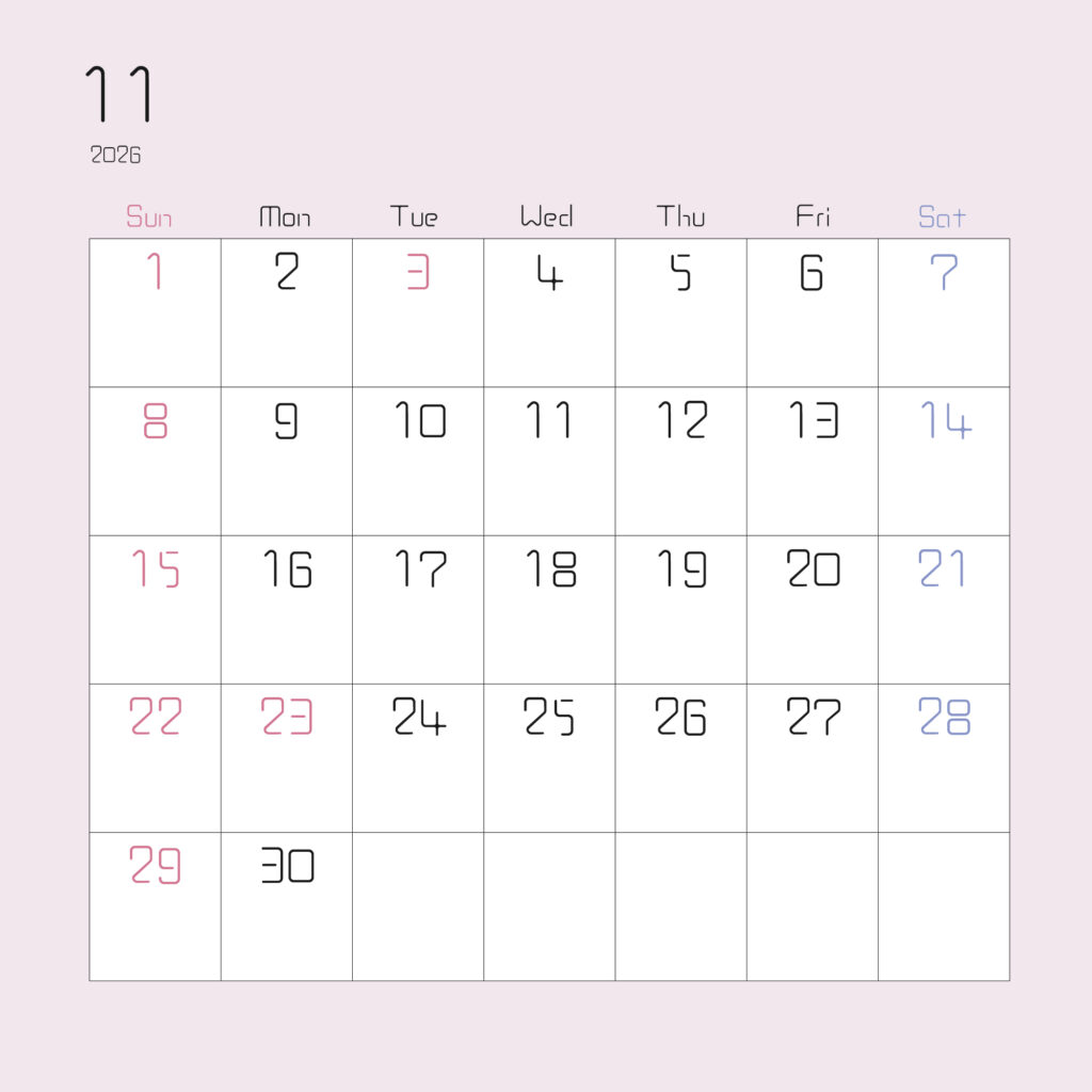 2026年11月の月間カレンダー
上部左寄せで2026と１の数字
日曜始まりで、日曜はピンク、土曜は水色で表されている
枠がスモークピンク
サイズ2000×2000PX
JPEG