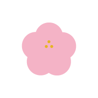 中心に３つの黄色い点がある、5枚の丸い花びらの花イラスト　ピンク色