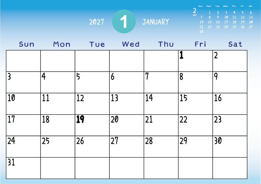 2027年1月
日曜始まりカレンダー
青のグラデーション背景に、右上に翌月のミニカレンダーを配置したデザイン
主なUSHolidayが太字
A Sunday-start January 2027 calendar with a blue gradient background and a small preview of the February 2027 calendar in the upper right corner, with major US holidays shown in bold.