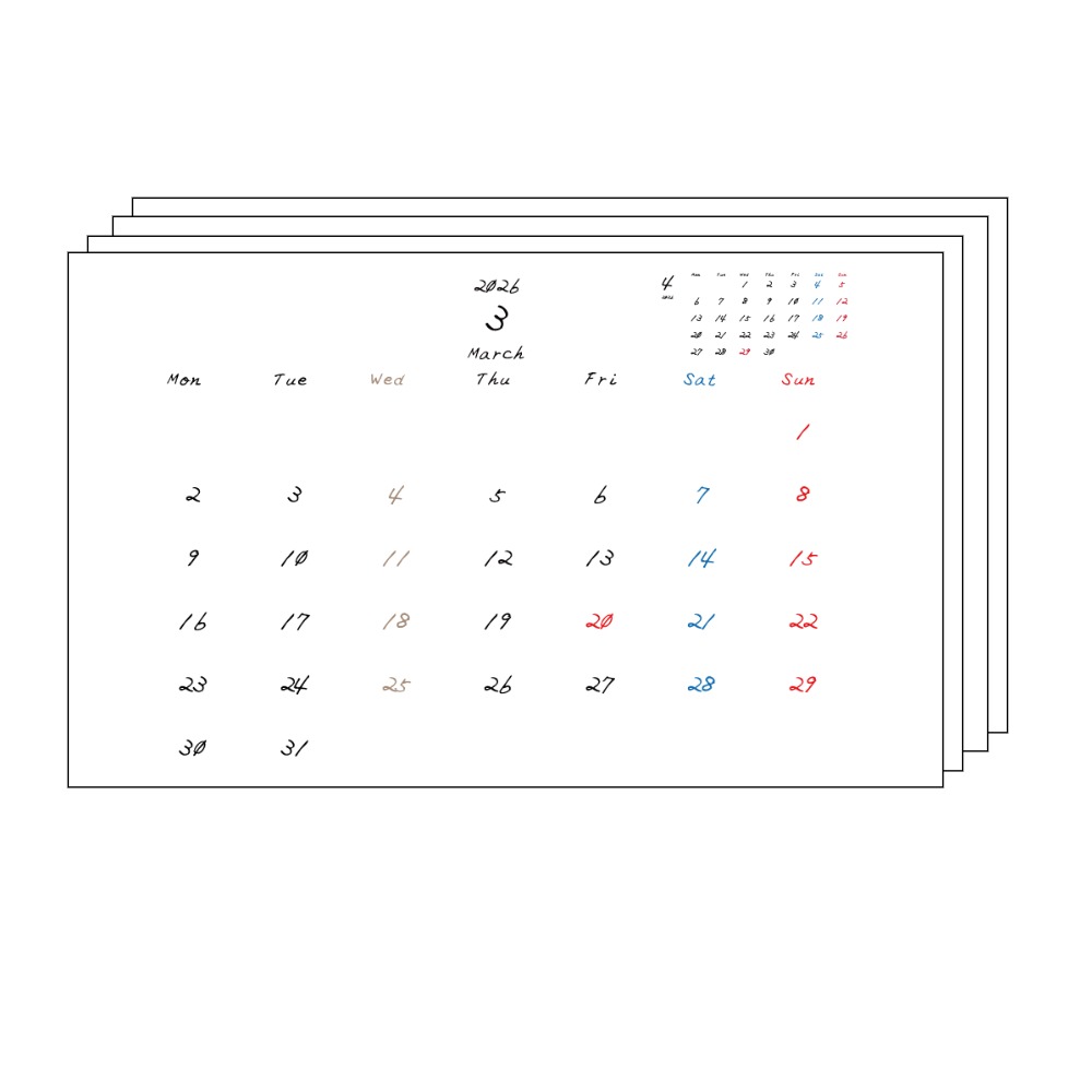 水曜日休みさんのための2026年3月~2027年3月の月間カレンダー。PDFまとめ。
月曜日始まり
手書き風のフォントで、水曜日がベージュ、日曜日は赤色、土曜日は青色、祝日は赤色で色分けされている。
右上には次月のミニカレンダー
PDF A4サイズ
