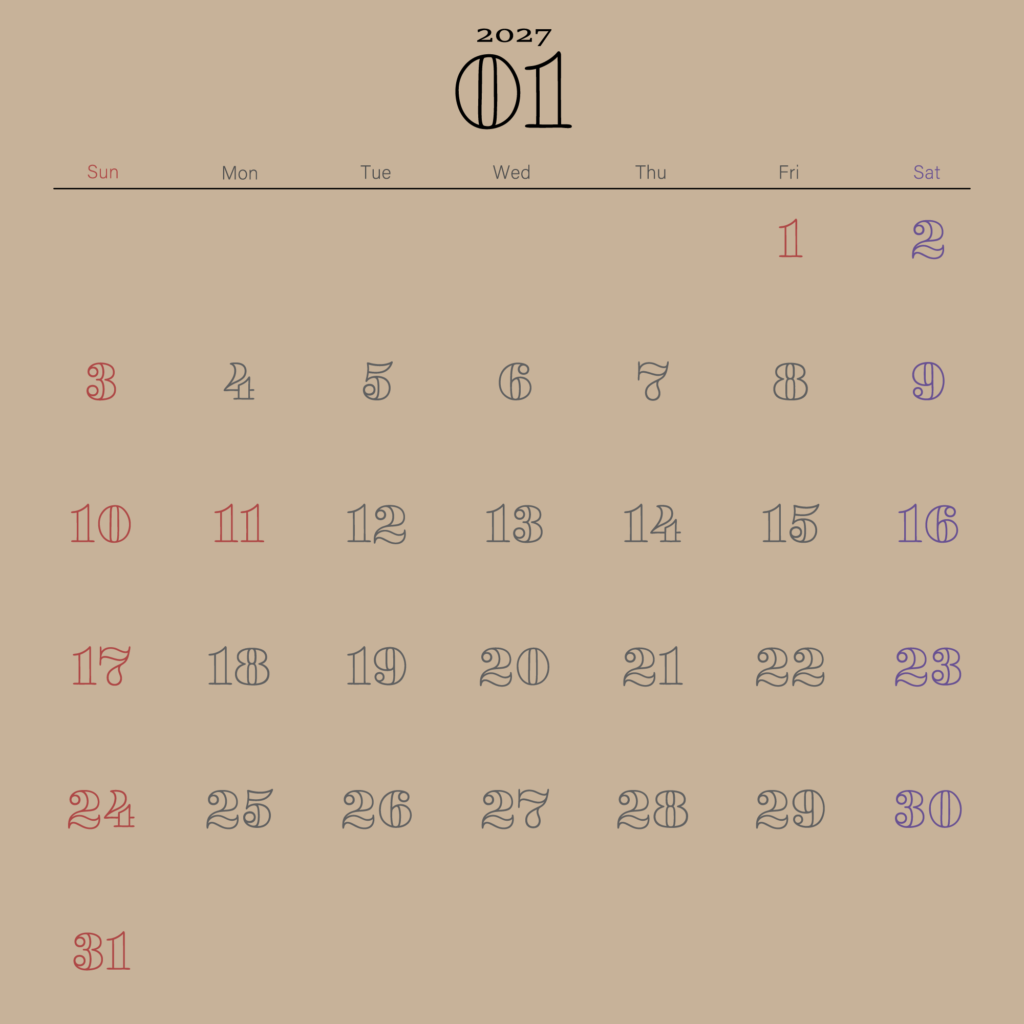 温かみのあるベージュ背景に、レトロなアウトライン・タイポグラフィを施したミニマルな2027年1月の月間カレンダー。日曜始まり。土曜日が青、日曜祝日が赤に色分け。
New Year 2027: A minimalist January calendar with retro outline font and a warm aesthetic.