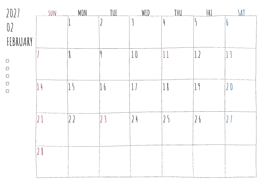 2027年2月の月間カレンダー、日曜始まり。手書き風の柔らかな書体と線で描かれており、日曜日は赤色、土曜日は青色で数字が色分けされています。左側にはチェックボックス付きのメモ欄があり、全体的にシンプルでクリーンなデザインです。