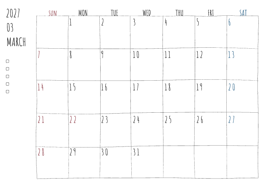 2027年3月の月間カレンダー、日曜始まり。手書き風の柔らかな書体と線で描かれており、日曜日は赤色、土曜日は青色で数字が色分けされています。左側にはチェックボックス付きのメモ欄があり、全体的にシンプルでクリーンなデザインです。