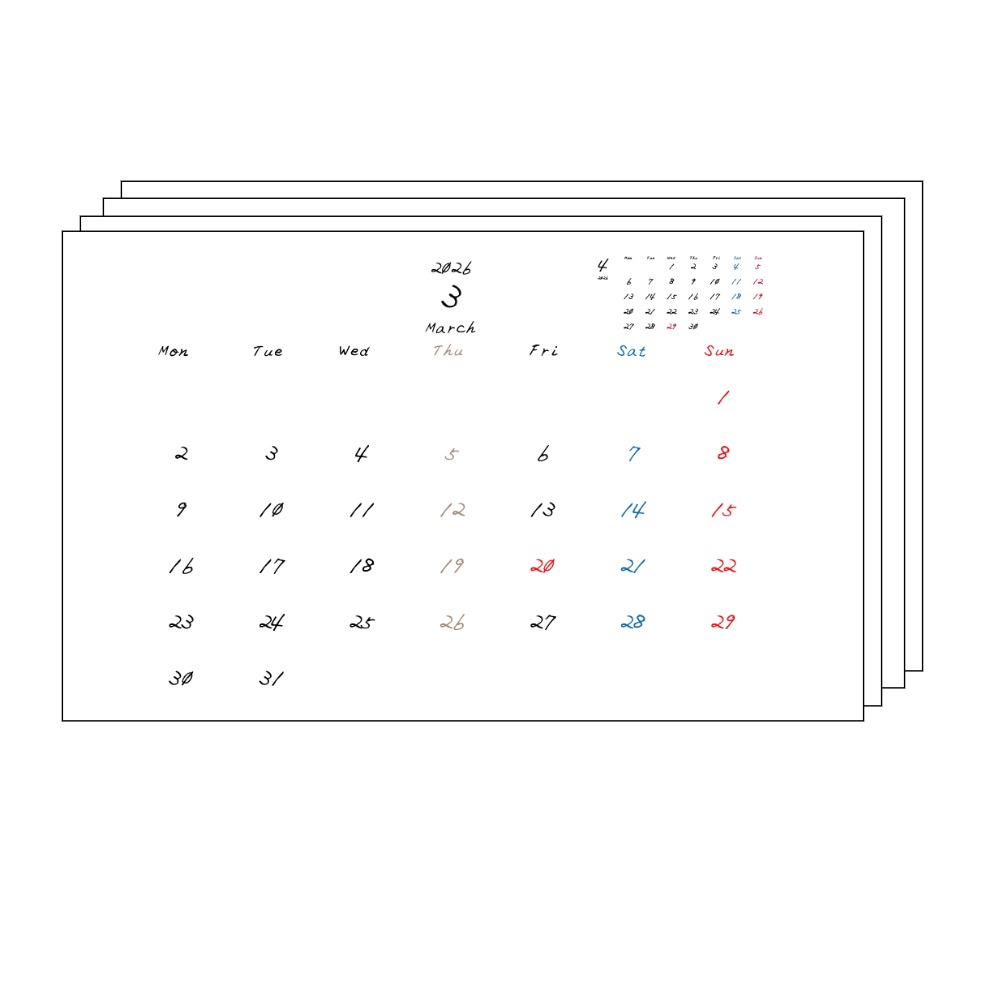 木曜日休みさんのための2026年3月~2027年3月までの月間カレンダーまとめPDF。
手書き風のフォントで、月曜日はじまり。木曜日がベージュ、日曜日は赤色、土曜日は青色、祝日は赤色で色分けされている。
右上には次月のミニカレンダー
PDF A4サイズ