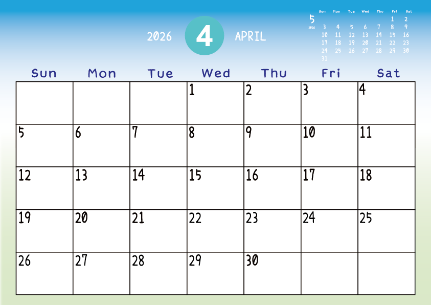 2026年4月
日曜始まりカレンダー
青から緑へのグラデーション背景に、右上に翌月のミニカレンダーを配置したデザイン
主なUSHolidayが太字
A Sunday-start April 2026 calendar with a blue-to-green gradient background and a small preview of the May 2026 calendar in the upper right corner, with major US holidays shown in bold.