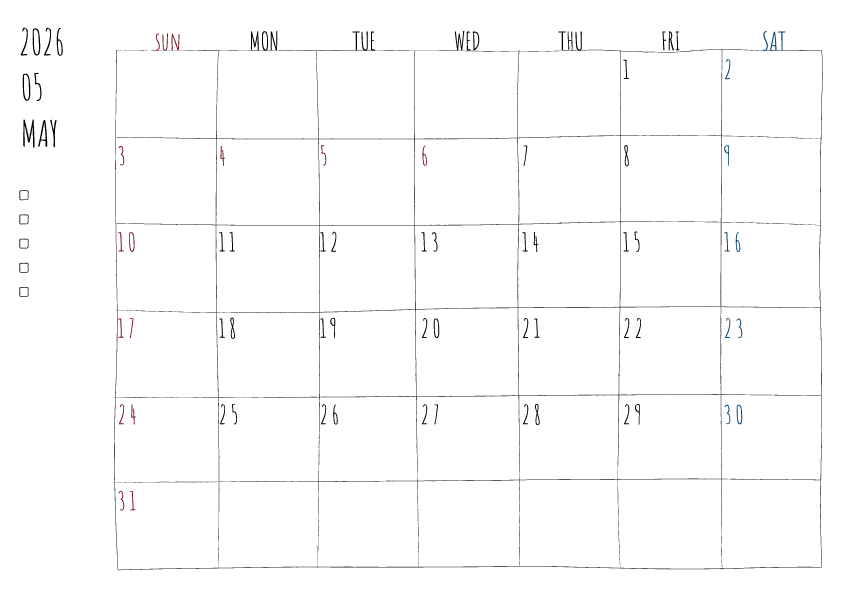 2026年5月の月間カレンダーのイラスト。日曜始まり。 手書き風の柔らかな書体と線で描かれており、日曜日は赤色、土曜日は青色で数字が色分けされています。左側にはチェックボックス付きのメモ欄があり、全体的にシンプルでクリーンなデザインです。