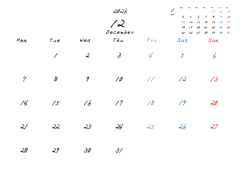 金曜日休みさんのための2026年12月の月間カレンダー。
月曜日始まり
手書き風のフォントで、金曜日がベージュ、日曜日は赤色、土曜日は青色、祝日は赤色で色分けされている。
右上には次月のミニカレンダー