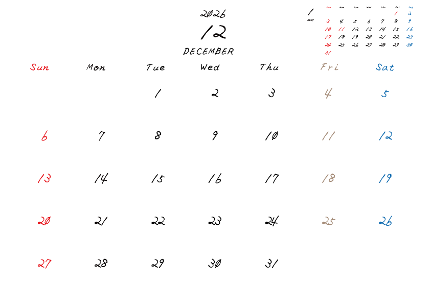 金曜日休みさんのための2026年12月の月間カレンダー。
日曜日始まり
手書き風のフォントで、金曜日がベージュ、日曜日は赤色、土曜日は青色、祝日は赤色で色分けされている。
右上には次月のミニカレンダー
PDF A4サイズ