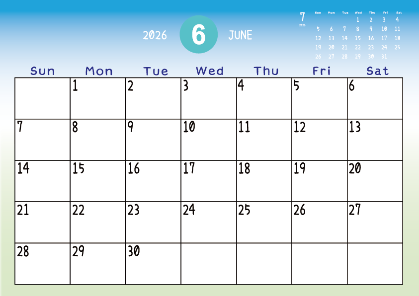 2026年6月
日曜始まりカレンダー
青から緑へのグラデーション背景に、右上に翌月のミニカレンダーを配置したデザイン

A Sunday-start June 2026 calendar with a blue-to-green gradient background and a small preview of the March calendar in the upper right corner.