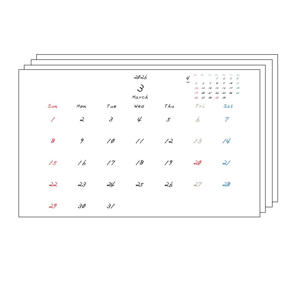 金曜日休みさんのための2026年3月~2027年3月までの月間カレンダーまとめPDF。
手書き風のフォントで、日曜日はじまり。金曜日がベージュ、日曜日は赤色、土曜日は青色、祝日は赤色で色分けされている。
右上には次月のミニカレンダー
PDF A4サイズ