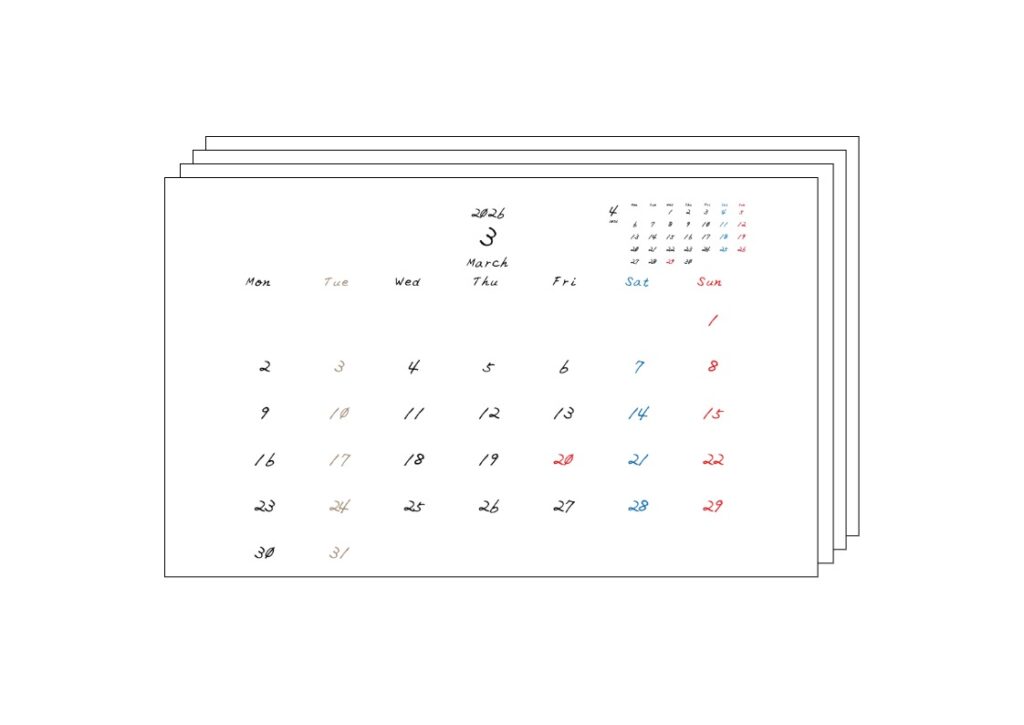 火曜日休みさんのための2026年3月~2027年3月の月間カレンダー。PDFまとめ。
月曜日始まり
手書き風のフォントで、火曜日がベージュ、日曜日は赤色、土曜日は青色、祝日は赤色で色分けされている。
右上には次月のミニカレンダー
PDF A4サイズ