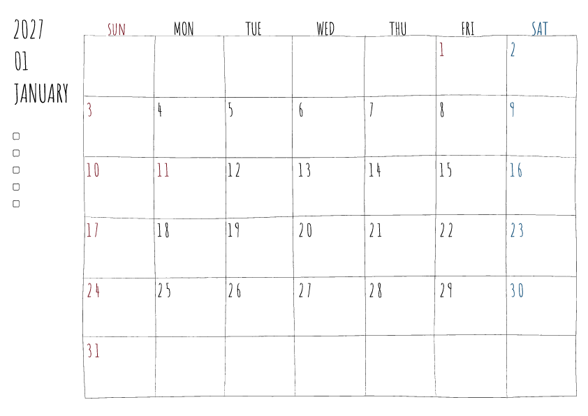 2027年1月の月間カレンダー、日曜始まり。手書き風の柔らかな書体と線で描かれており、日曜日は赤色、土曜日は青色で数字が色分けされています。左側にはチェックボックス付きのメモ欄があり、全体的にシンプルでクリーンなデザインです。