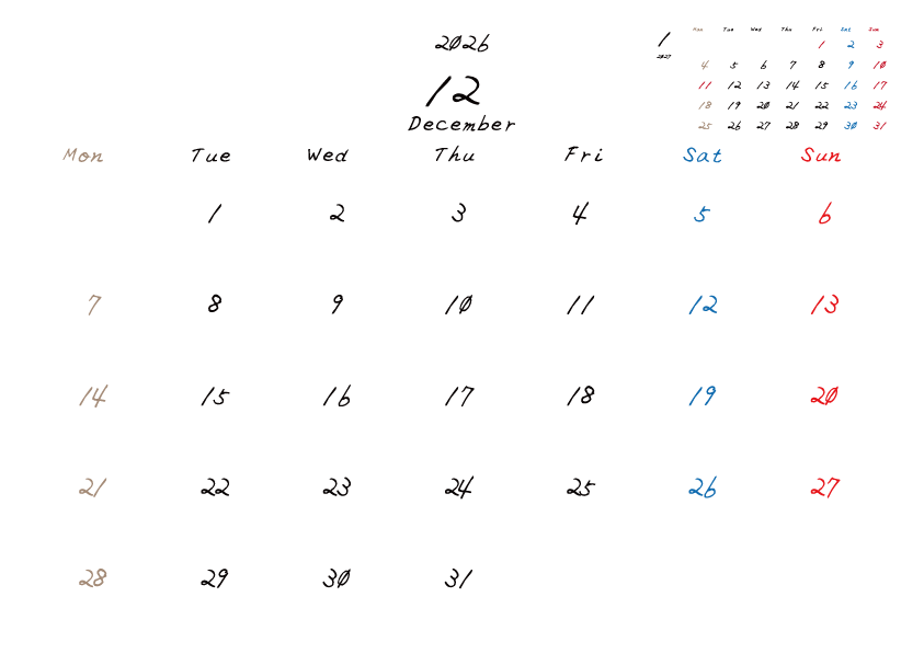2026年12月のカレンダーPDF
月曜日はじまり
日曜赤、土曜青、月曜ベージュ
