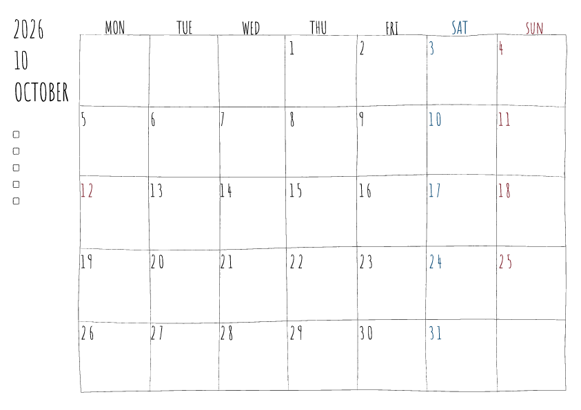 2026年10月の月間カレンダーのイラスト、月曜日始まり。 手書き風の柔らかな書体と線で描かれており、日曜日は赤色、土曜日は青色で数字が色分けされています。左側にはチェックボックス付きのメモ欄があり、全体的にシンプルでクリーンなデザインです。
