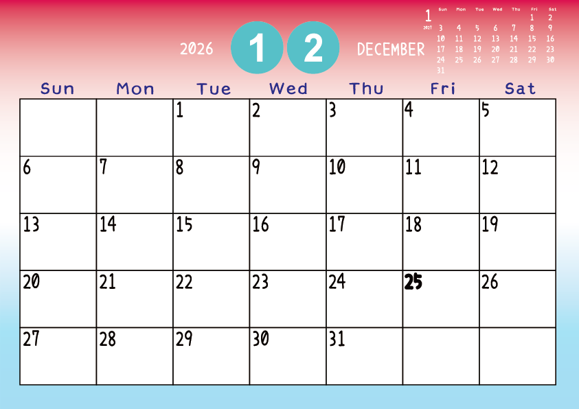 2026年12月
日曜始まりカレンダー
赤から青へのグラデーション背景に、右上に翌月のミニカレンダーを配置したデザイン
主なUSHolidayが太字
A Monday-start December 2026 calendar with a red-to-blue gradient background and a small preview of the January 2027 calendar in the upper right corner, with major US holidays shown in bold.
C