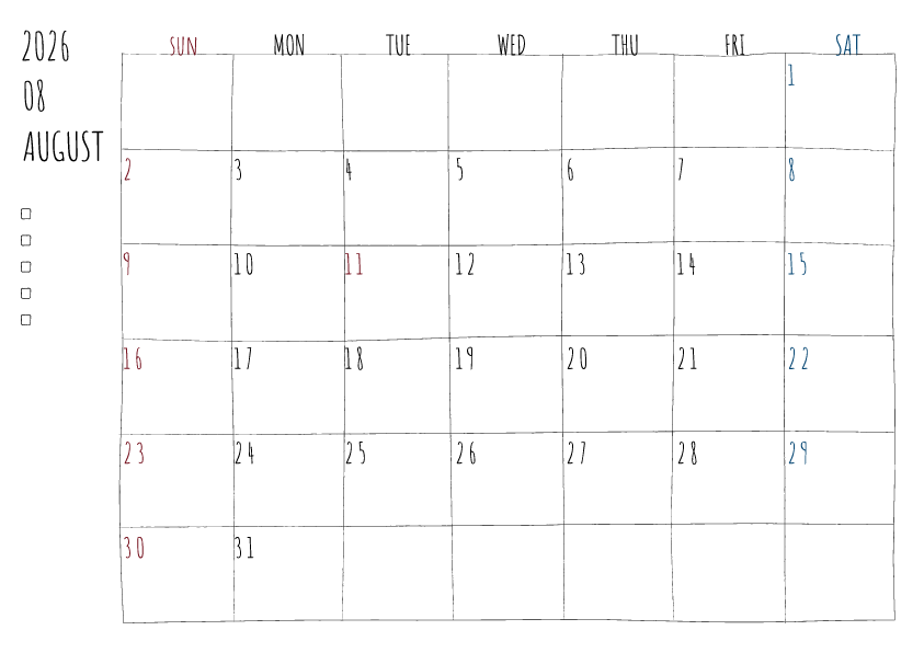 2026年8月の月間カレンダー、日曜始まり。手書き風の柔らかな書体と線で描かれており、日曜日は赤色、土曜日は青色で数字が色分けされています。左側にはチェックボックス付きのメモ欄があり、全体的にシンプルでクリーンなデザインです。
