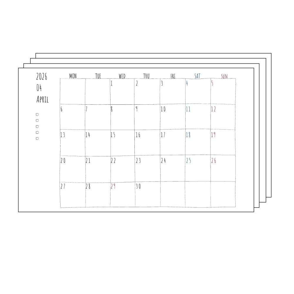2026年4月~2027年3月の月間カレンダー、まとめPDF、月曜日始まり。 手書き風の柔らかな書体と線で描かれており、日曜日は赤色、土曜日は青色で数字が色分けされています。左側にはチェックボックス付きのメモ欄があり、全体的にシンプルでクリーンなデザインです。